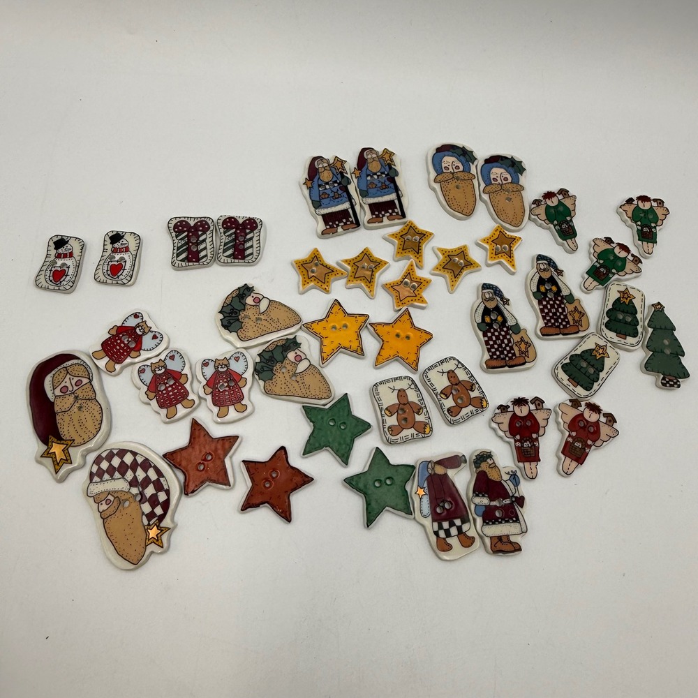 37pc+ Lot Hand Painted Ceramic Christmas Buttons Santa Angel Star Folk Art Craft